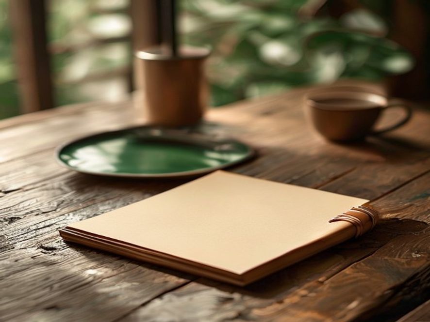 Minimalistisch notitieblok met pen op houten tafel, warm licht