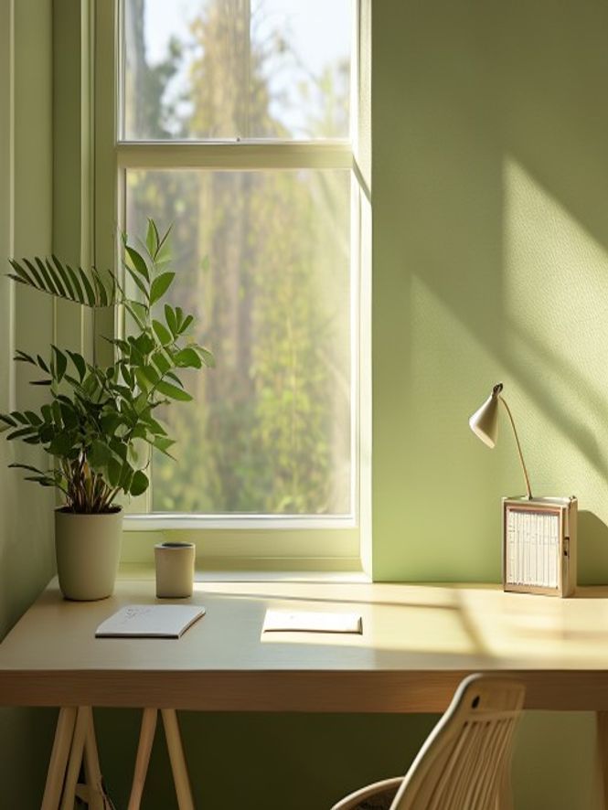 Serene workspace met notitieblok en plant bij raam in daglicht