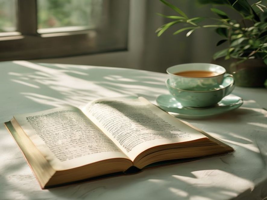 Open boek met handgeschreven notities en kopje thee op witte tafel